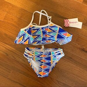 New RAISINS Ruffle Bikini Blue White Geo Print 4